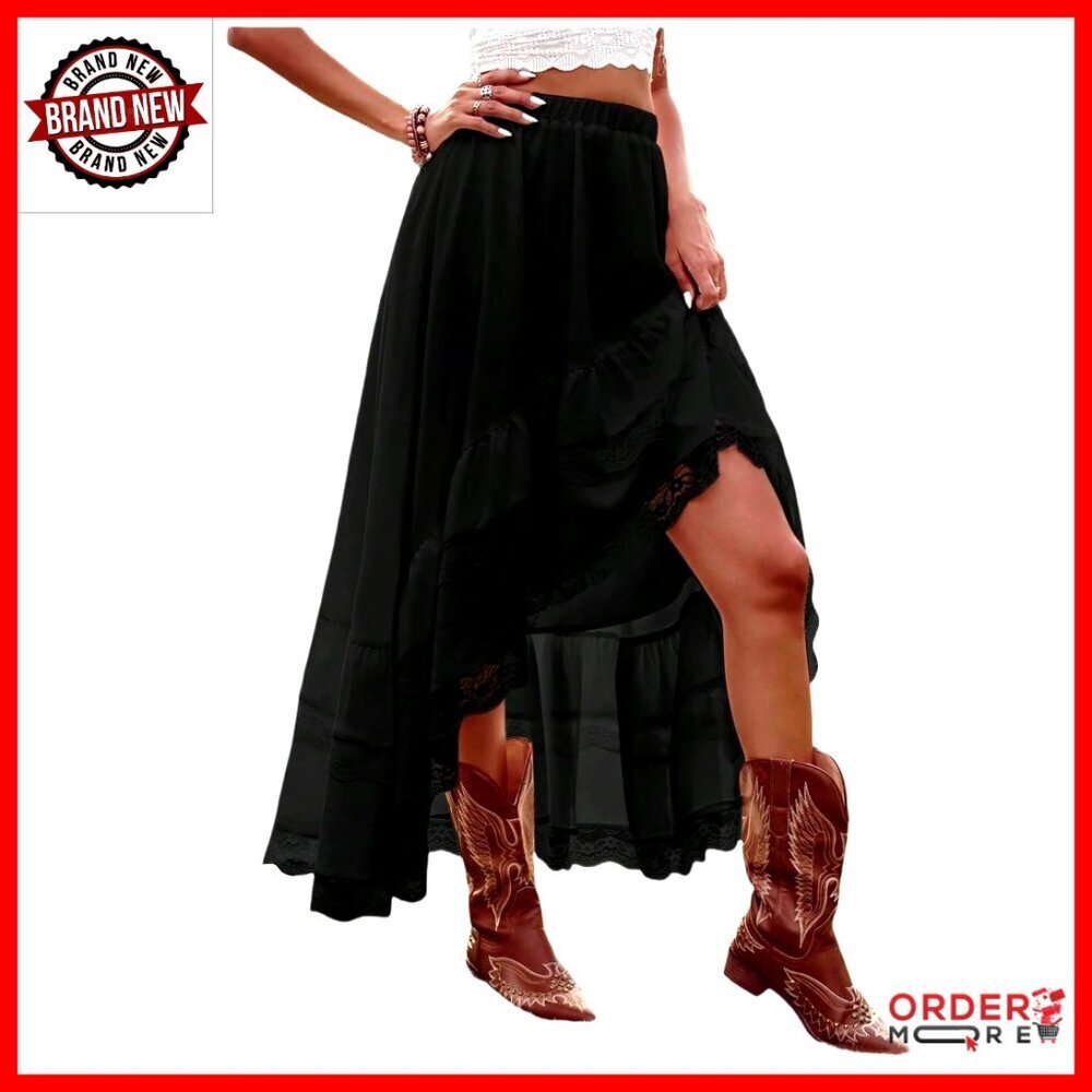 Boho Maxi Skirt High Low Asymmetrical Lace Ruffle Hem Flowy Western Style